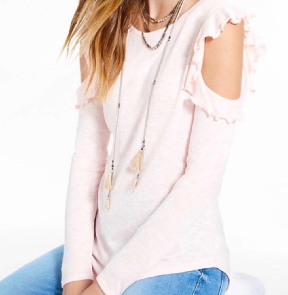 2/$15 Lucky Brand Ruffle Cold Shoulder Sweater Blush Pink Size L